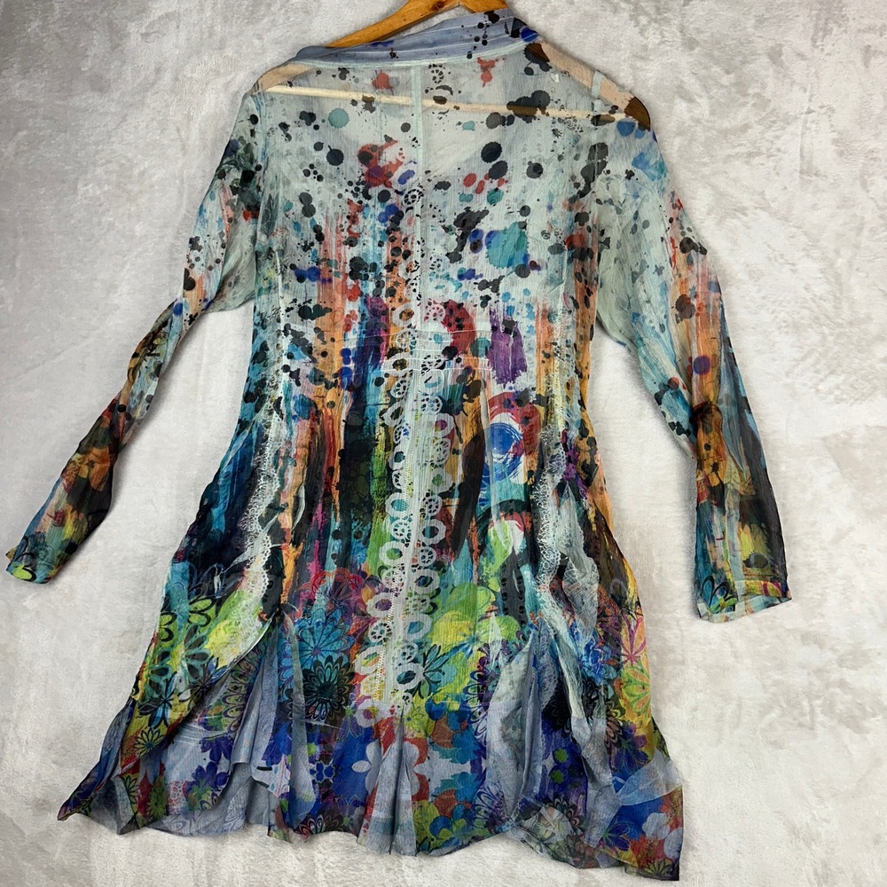 Fleur De Lis Colorful Watercolor Inspired Zip Front Sheer Tunic Top Size Small - Picture 4 of 9